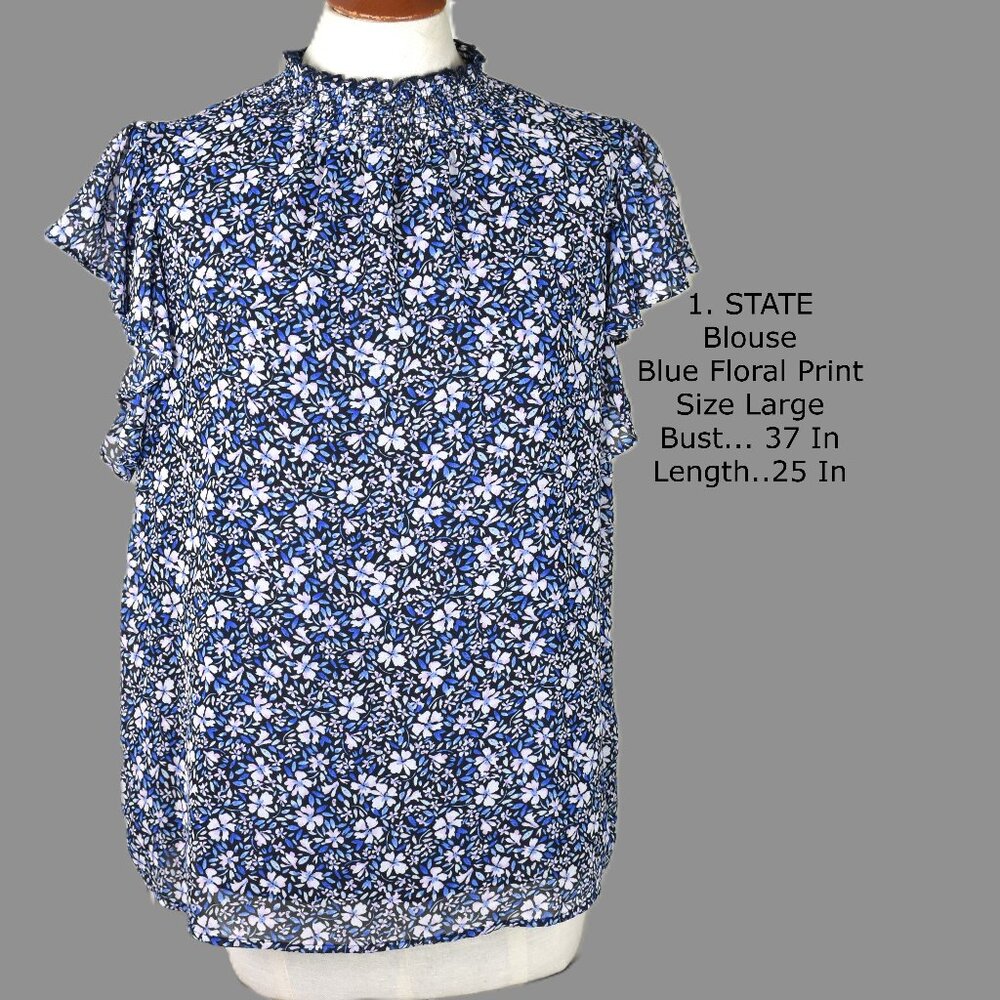 1. STATE Top Blouse L Blue Floral Print Lined Cap Sleeves Machine Wash Bin 4